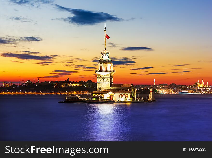 Leander`s Tower in the Bosphorus Straight, beautiful sunset colors, Istanbul, Turkey