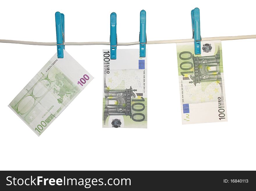 Hundred euros seized clothes pins on a rope. Hundred euros seized clothes pins on a rope