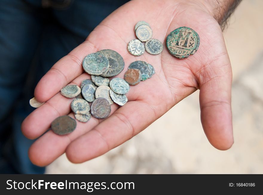 Ancient coins taken from excavations of the 'City of David' in the East Jerusalem neighborhood of Silwan.