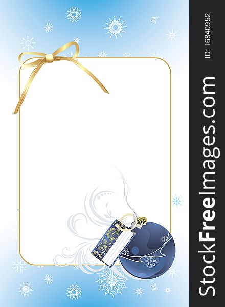 Blue ball with golden bow in the decorative frame. Christmas card. Illustration