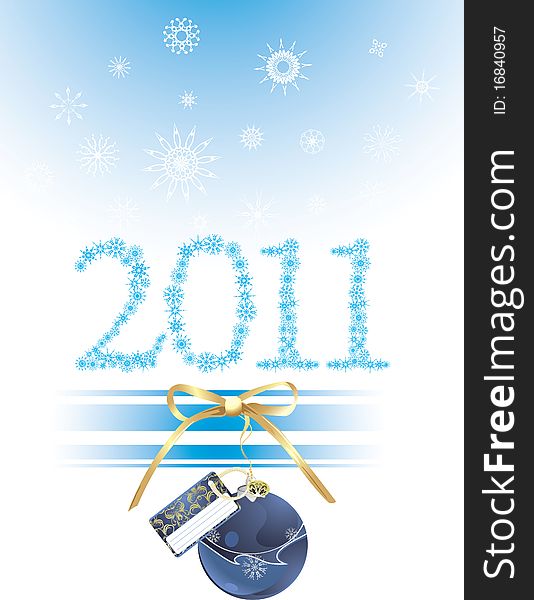 Christmas blue ball with golden bow on the decorative background. Illustration