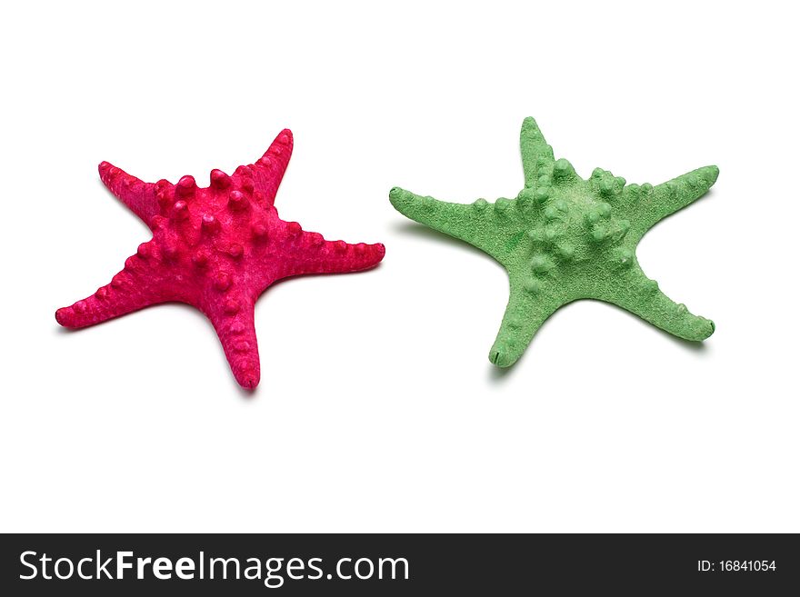 The dried and painted starfishes on a white background
