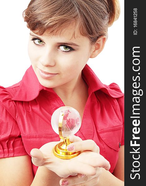 Girl holds in the hands the crystal globe. Girl holds in the hands the crystal globe