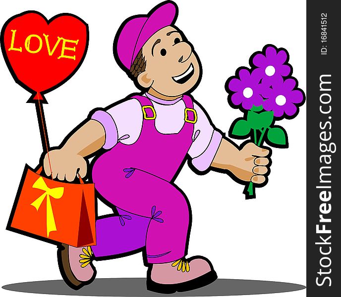 Man cartoon with flower and gift. Man cartoon with flower and gift.