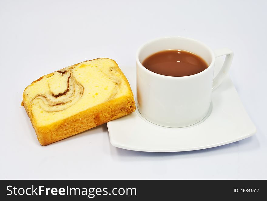 Coffee and bread on white background.
