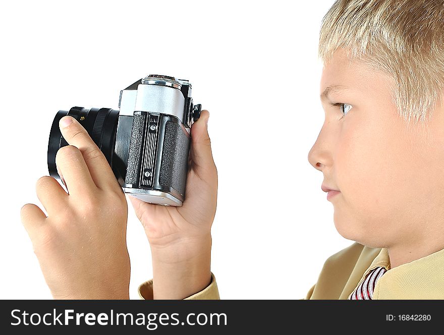 Professional photographer isolated on white. Portrait of young teenager