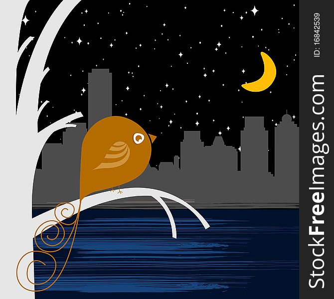 Bird with night city illustration vector