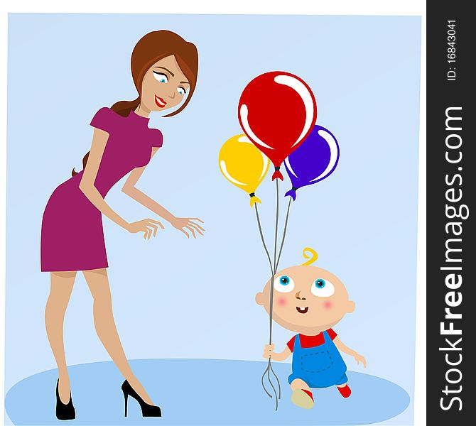 Mother and baby with ballons vector