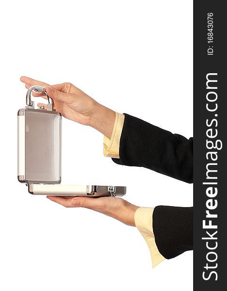 Woman unlocking metal grey case with money. Woman unlocking metal grey case with money