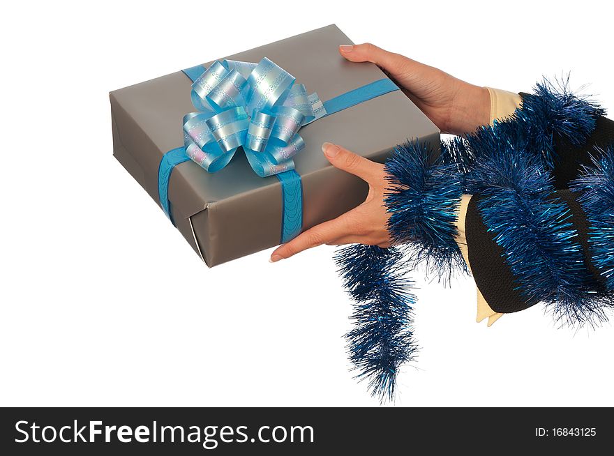 Woman giving a silver box with blue bow as a gift. Woman giving a silver box with blue bow as a gift