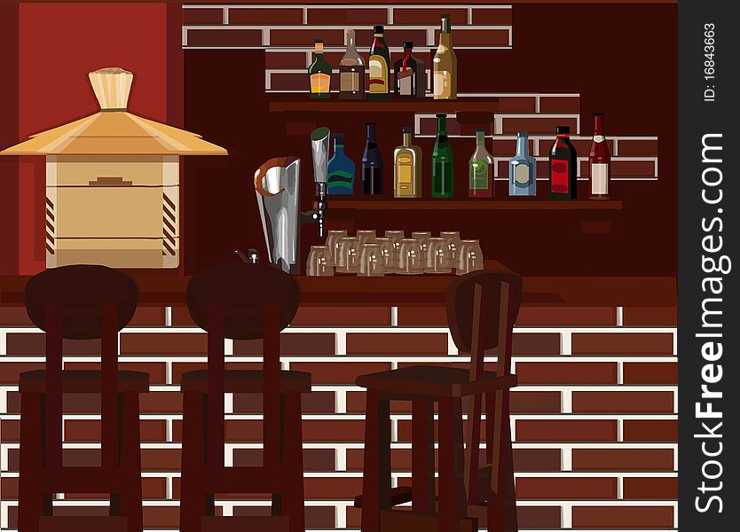 Bar counter against a brick wall