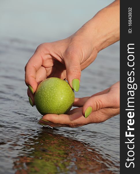 Hands cleaning apple in water.