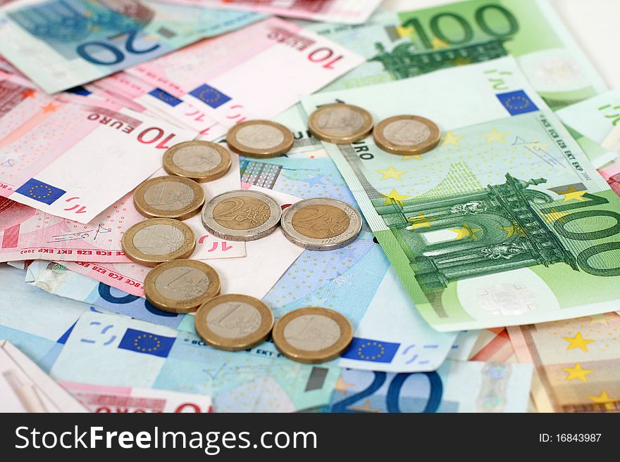 Euro paper money and coins