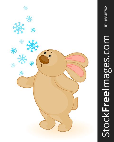 Cartoon little toy bunny with snowflakes