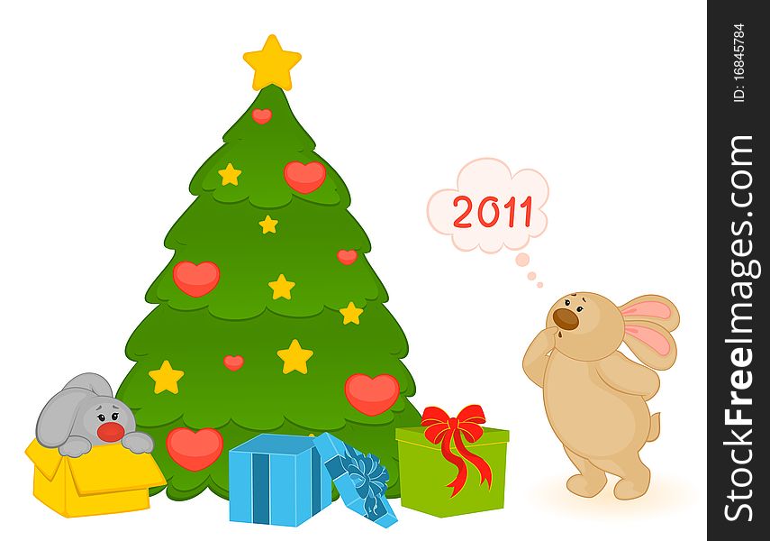 Cartoon little toy bunny with fir-tree