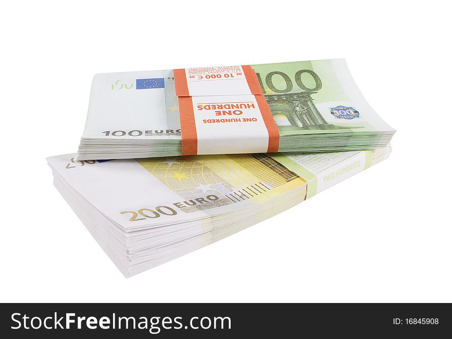 Packs of banknotes of euro on a white background