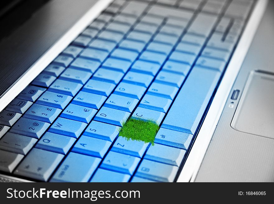 Computer keyboard with a button on the green grass