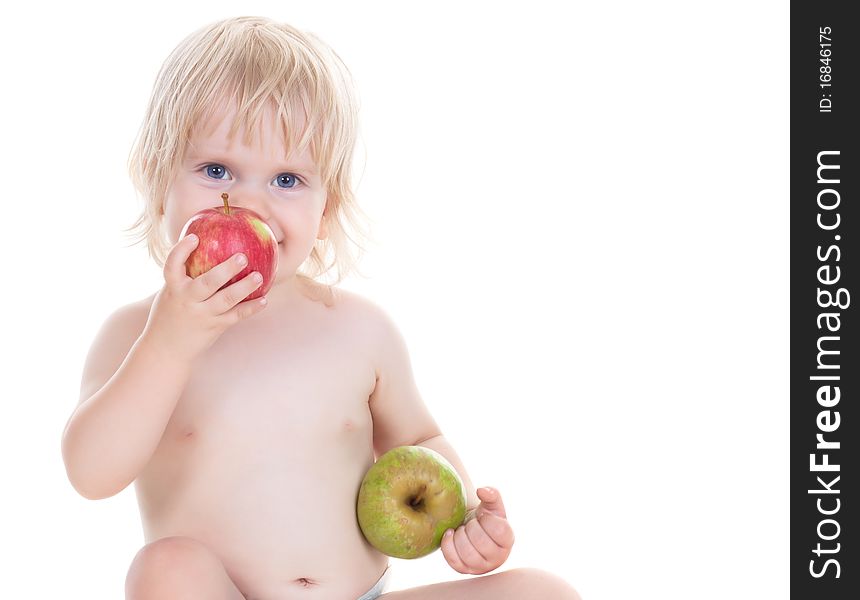 Adorable baby girl with the apples isolated on white