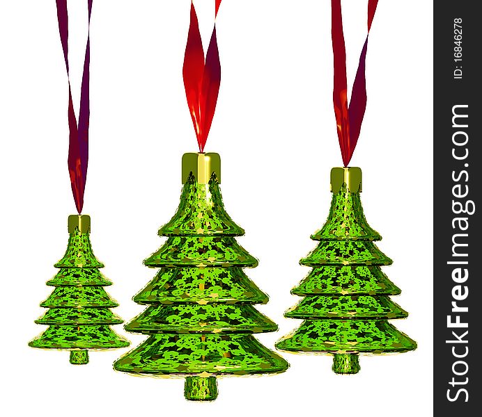 Christmas toys, green glass trees with golden foil decor and red ribbons isolated on white background, 3d