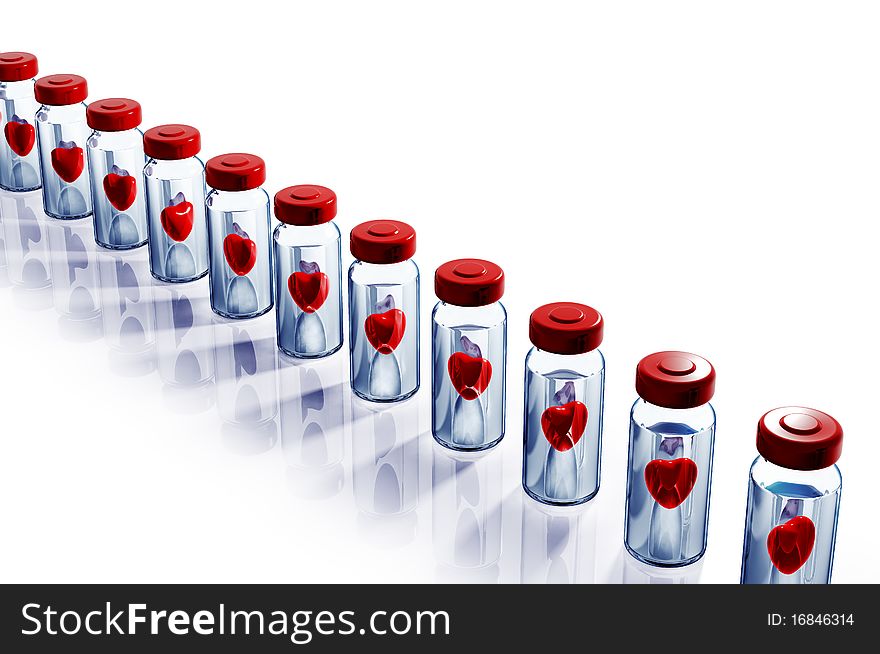 Medical bottles with hearts, life saving industry, 3d