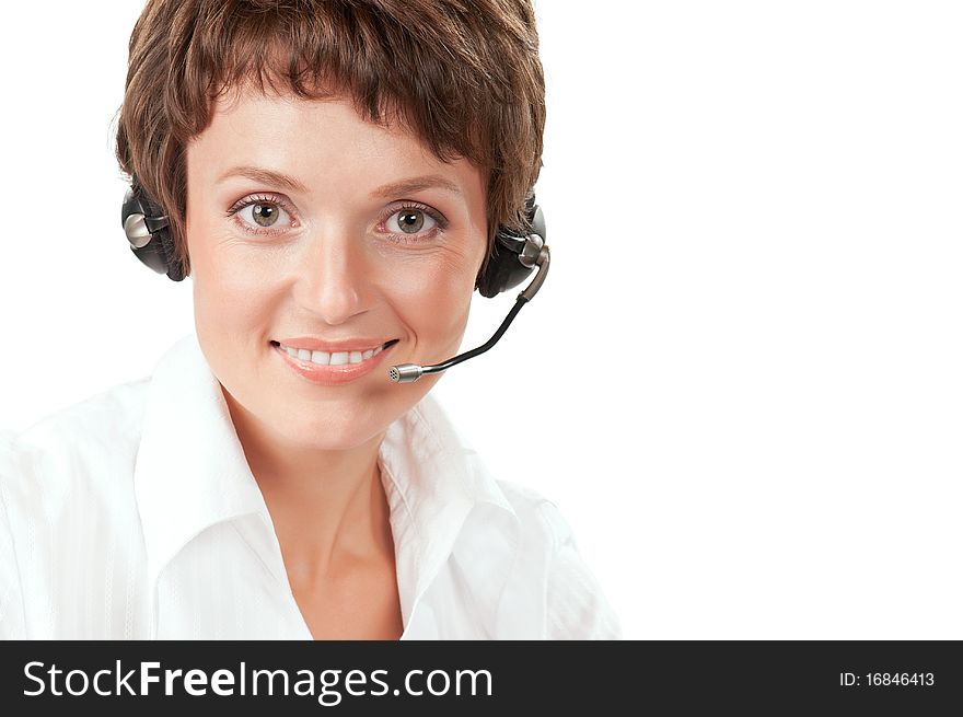Portrait of a friendly woman with headset on white background. Portrait of a friendly woman with headset on white background