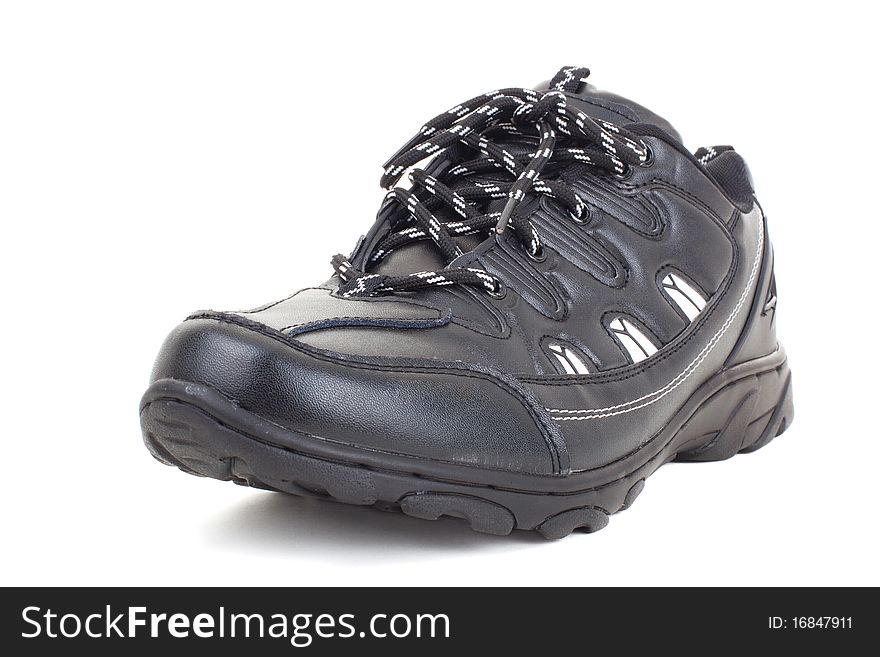 Black leather shoes on a white background