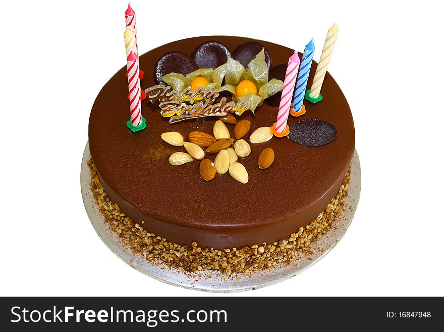 Birthday Cake With Almond and Chocolate and Small Candles. Birthday Cake With Almond and Chocolate and Small Candles