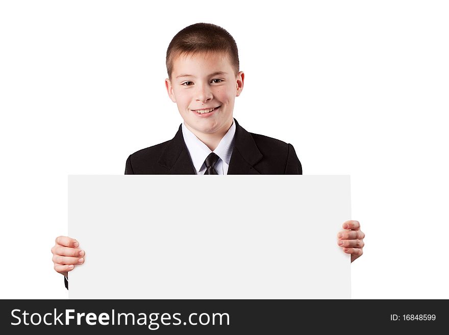 Boy holding  banner isolated on white