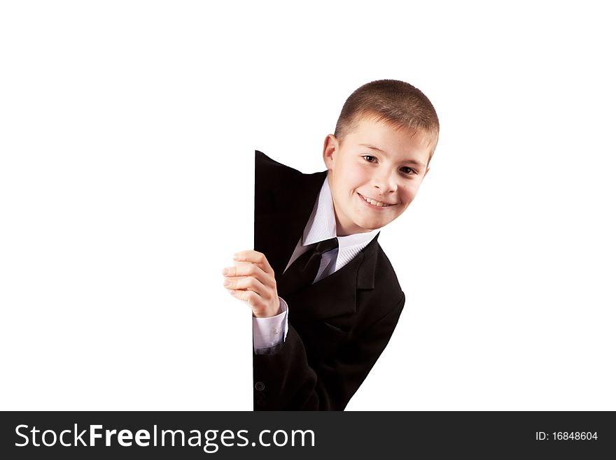 Boy holding  banner isolated on white