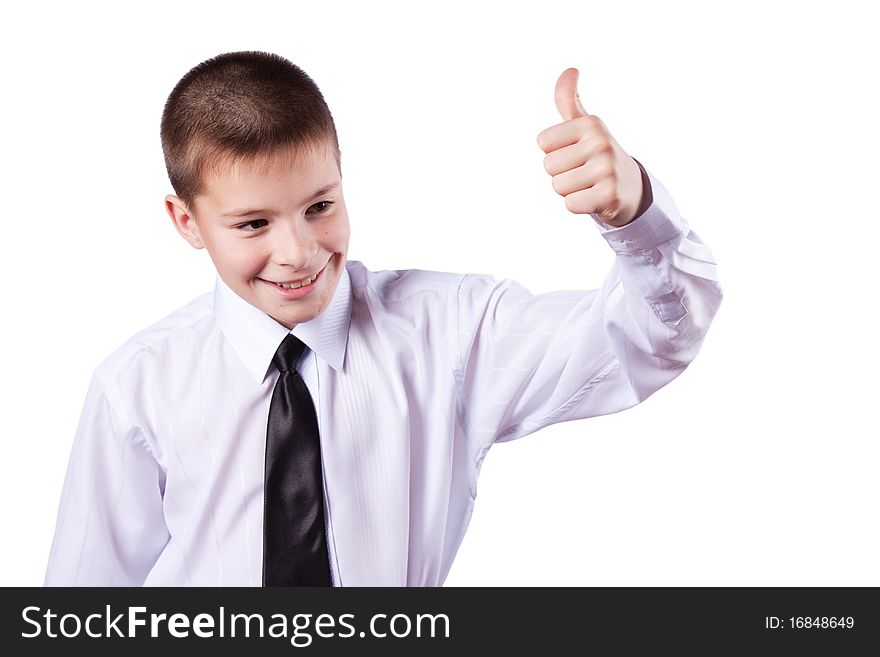 Boy gives thumbs up, isolated on white