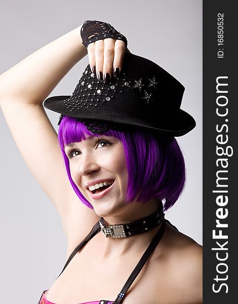 Beauty disco girl with pink hair in hat. Beauty disco girl with pink hair in hat