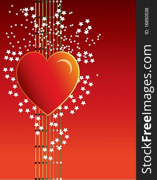 Heart on red background, with shinning stars on strings