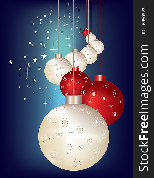 Christmas theme with patterned red and silver baubles, bright stars on blue background.
