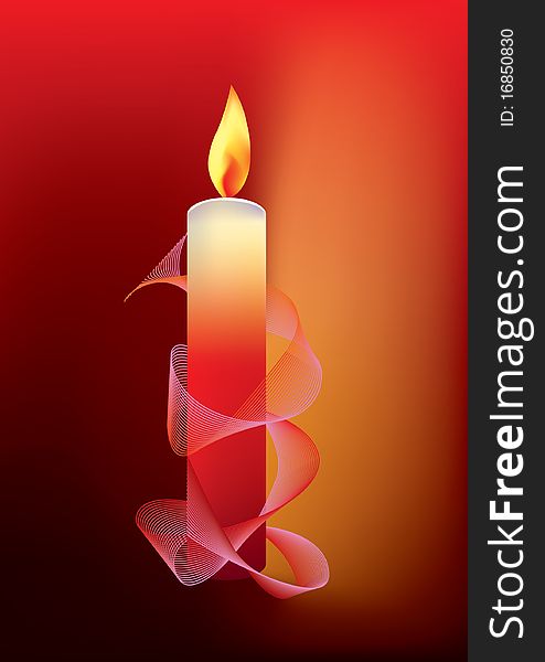 Candle with ribbon on warm red background. Candle with ribbon on warm red background