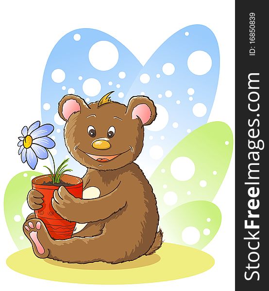 Happy little teddy with red pod and blue flower
