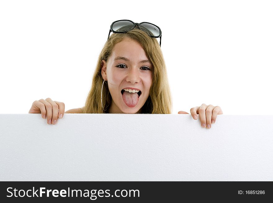 Blond Girl With Blank Display Board