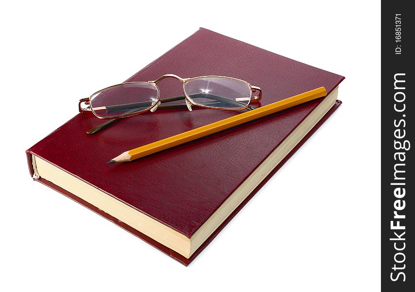 Book is glasses and pencil isolated on white background