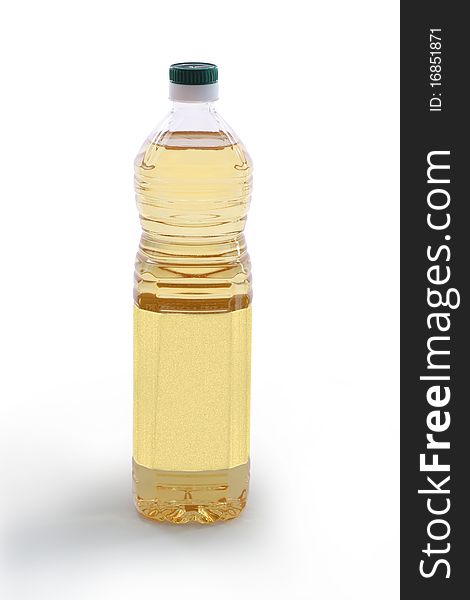A bottle of light colored vegetable oil with blank label - clipping path included. A bottle of light colored vegetable oil with blank label - clipping path included
