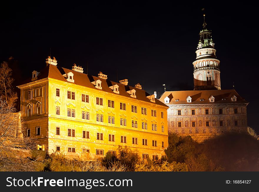 View at a castle in Cesky Krumlov during the nighttime.