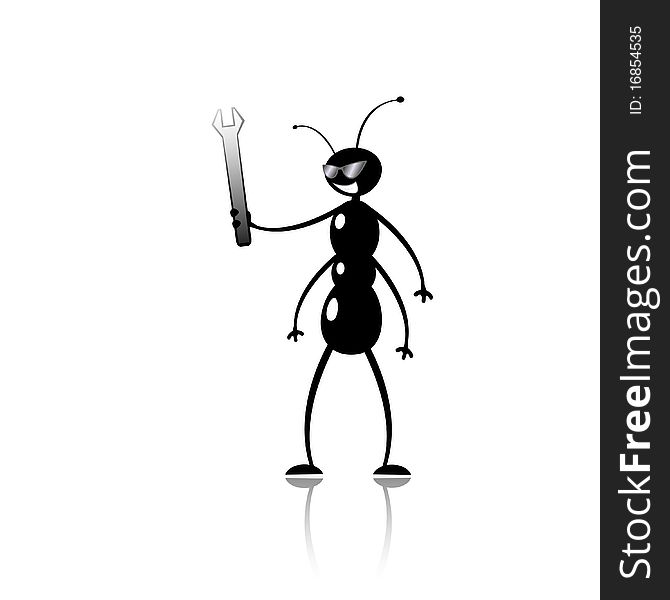 Vector illustration of funny cartoon ant mechanic