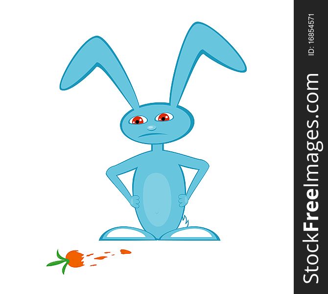 Vector illustration of displeased blue hare and a bit of carrot