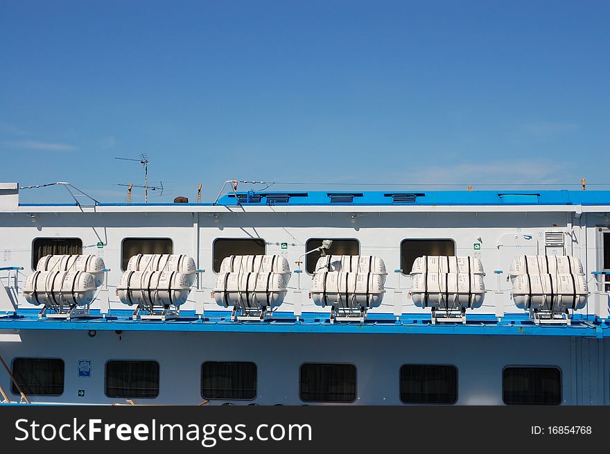 Six inflatable life rafts on a cruise ship. Six inflatable life rafts on a cruise ship