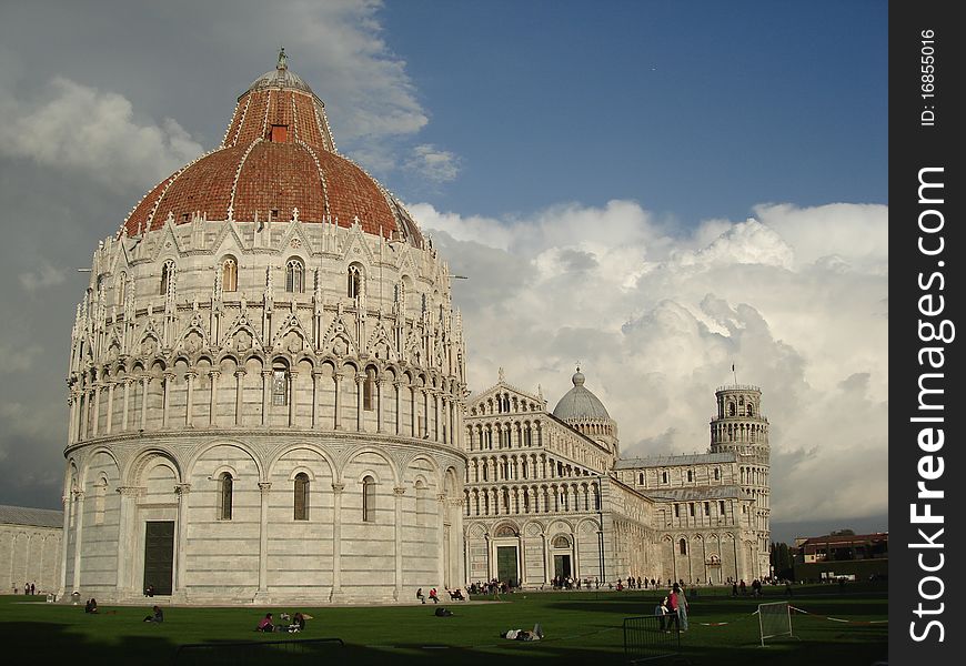 A view of the baptistry and leaning tower in the Italian city of Pisa