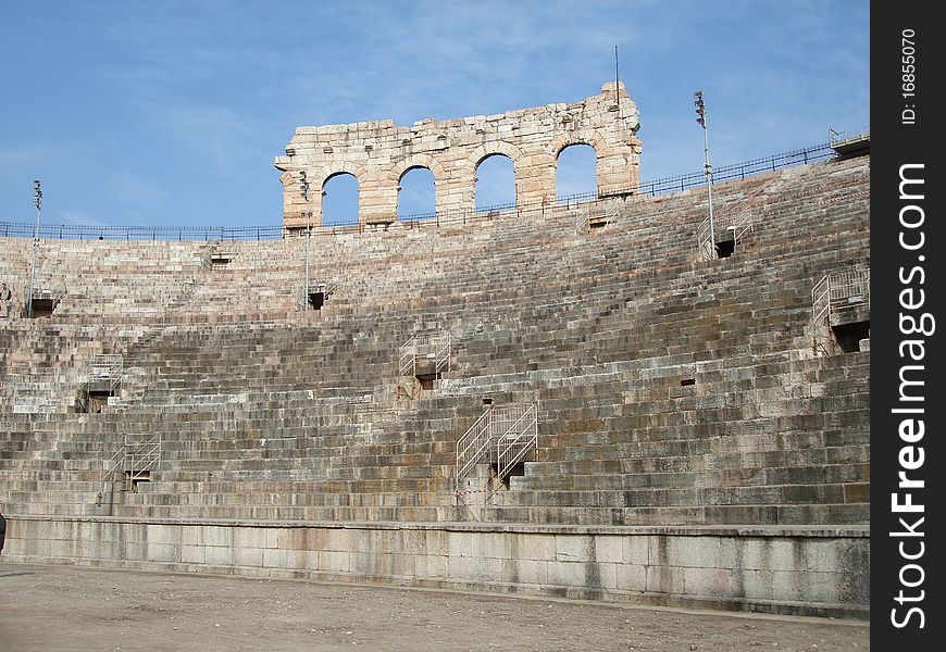 A partial shot of a ruined Roman arena in the Italian city of Verona. A partial shot of a ruined Roman arena in the Italian city of Verona