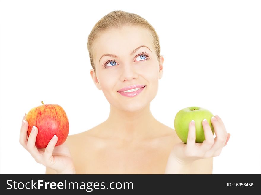 Beautiful girl holding apples isolated on a white background