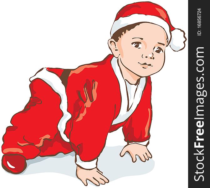 Baby in Santa costume creeping, hand drawn. Vector illustration. Baby in Santa costume creeping, hand drawn. Vector illustration