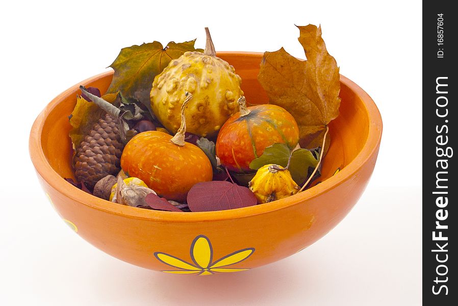 Dish full of autumnal decoration. Dish full of autumnal decoration
