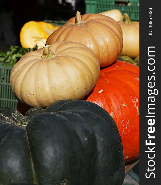 Pumpkins on market place in autumn