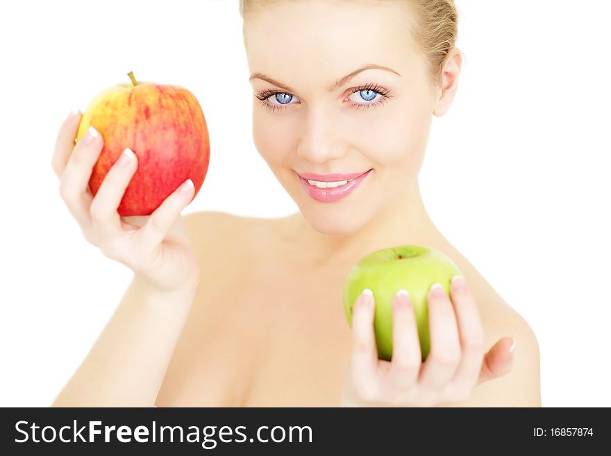 Beautiful girl holding apples isolated on a white background