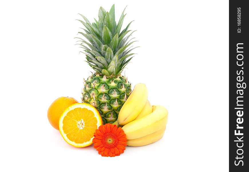 Fruit isolated on white background. banana, pineapple, orange. Fruit isolated on white background. banana, pineapple, orange